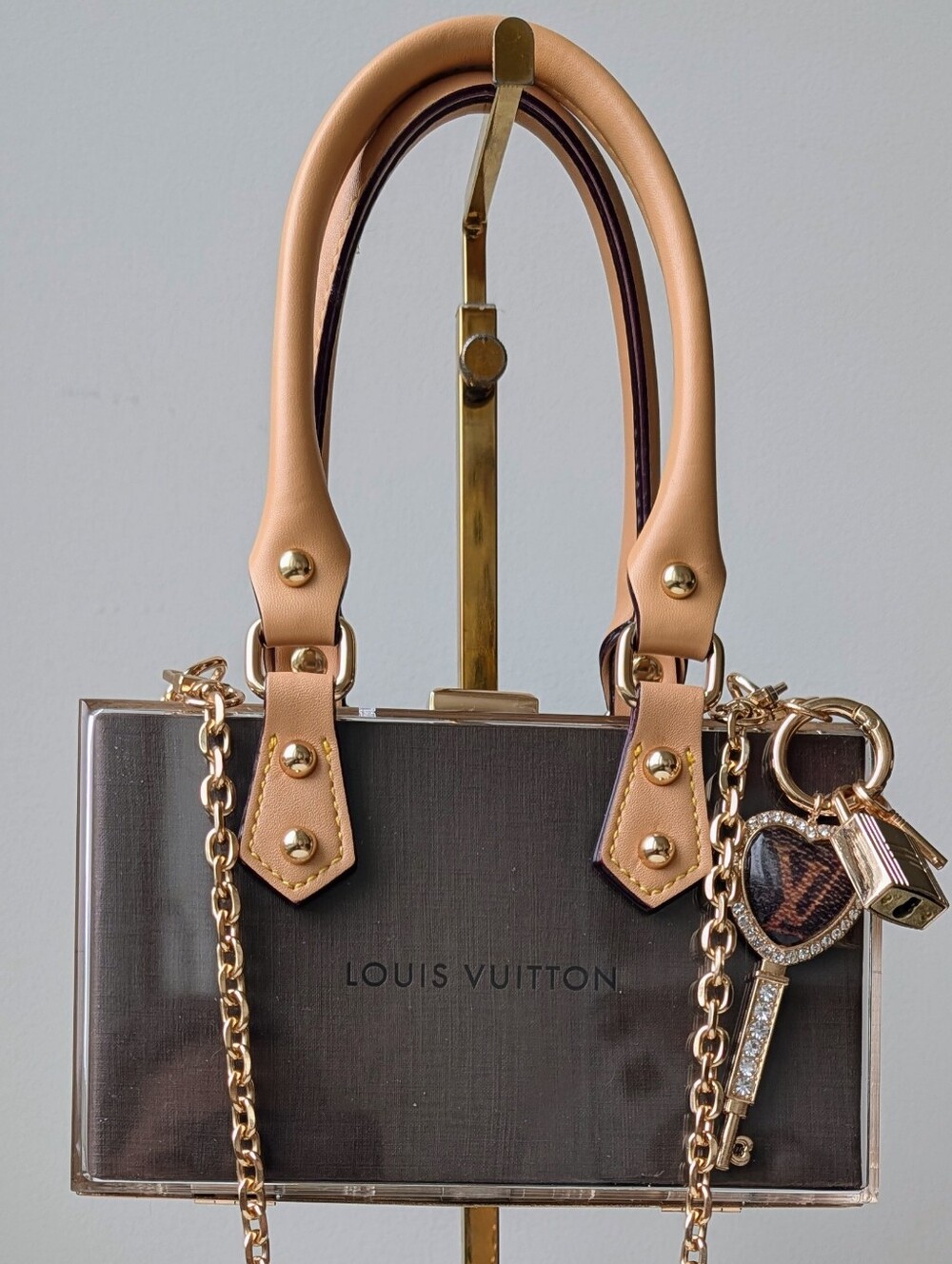 Upcycled Novelty Clear Acrylic Satchel with Beige Handles & Brown Panel